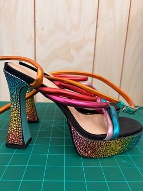 Betsey Johnson Maeve Rainbow Rhinestone Platform Strappy Sandals